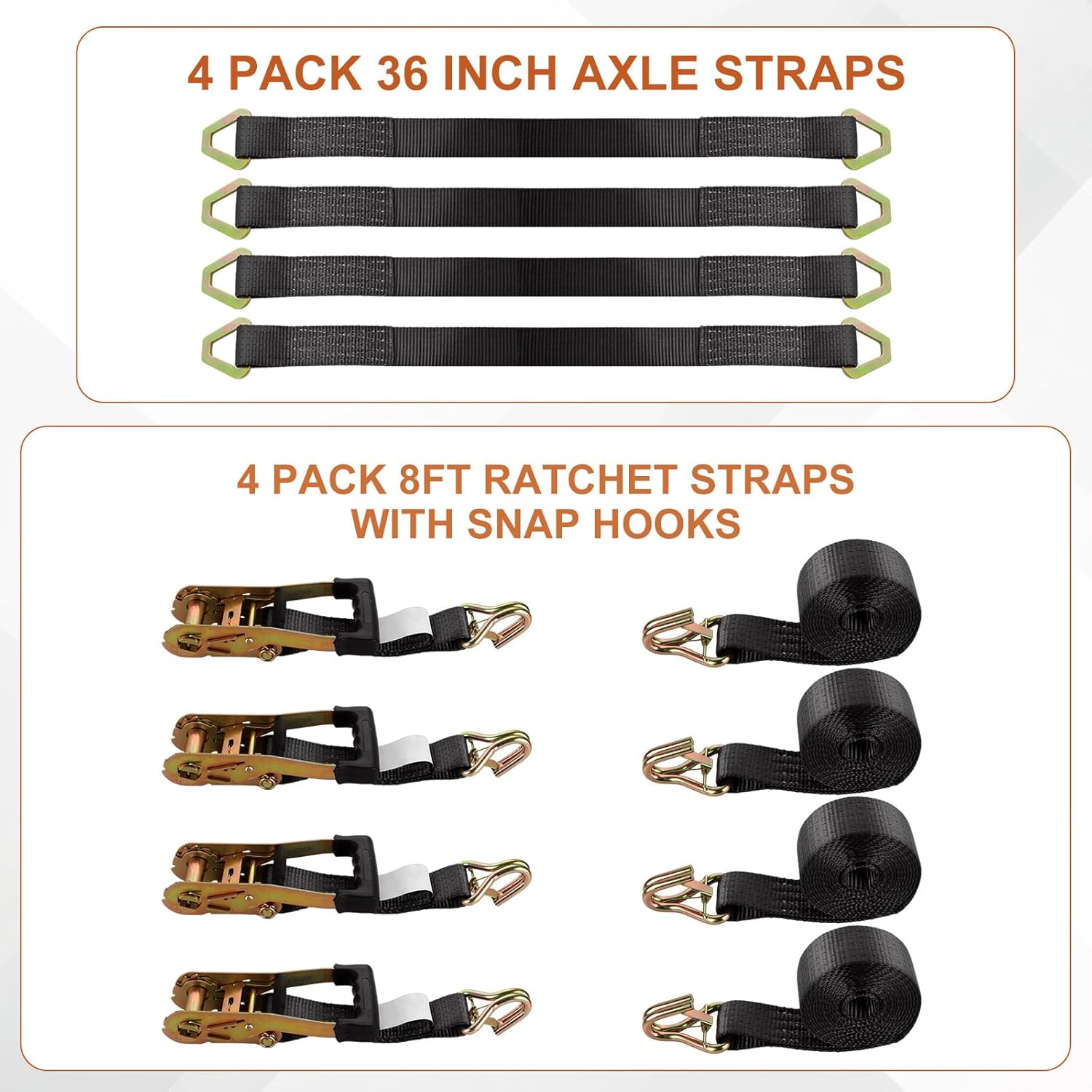 4 Pack Car Tie Down Straps for Trailers Kit, 2 Inch Ratchet Straps with Snap Hooks Heavy Duty 8ft, 11000 LBS Break Strength, 36 Inch Axle Straps for Car, Truck, UTV