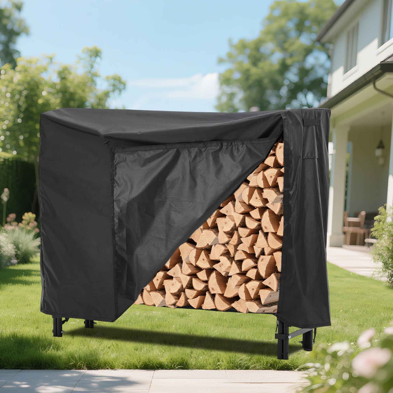Regał na drewno kominkowe, 122 cm, do użytku na zewnątrz, wodoszczelna osłona Oxford, regał na drewno opałowe z metalowym stelażem, stojak na drewno kominkowe, do ogrodu, na taras, taras