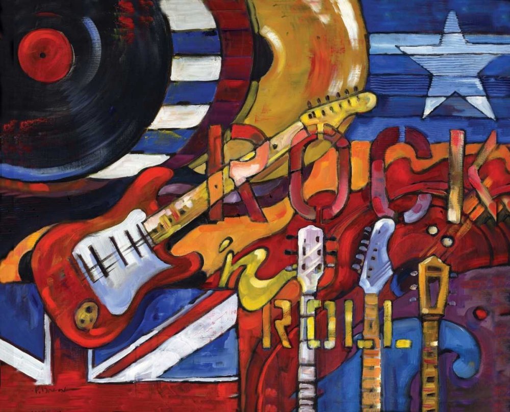 Image sur toile enroulée Rock N Roll Brent Paul – Impression horizontale pour enfant rouge, blanc, bleu, guitare, musique rock et disques américains 35_X_45_in