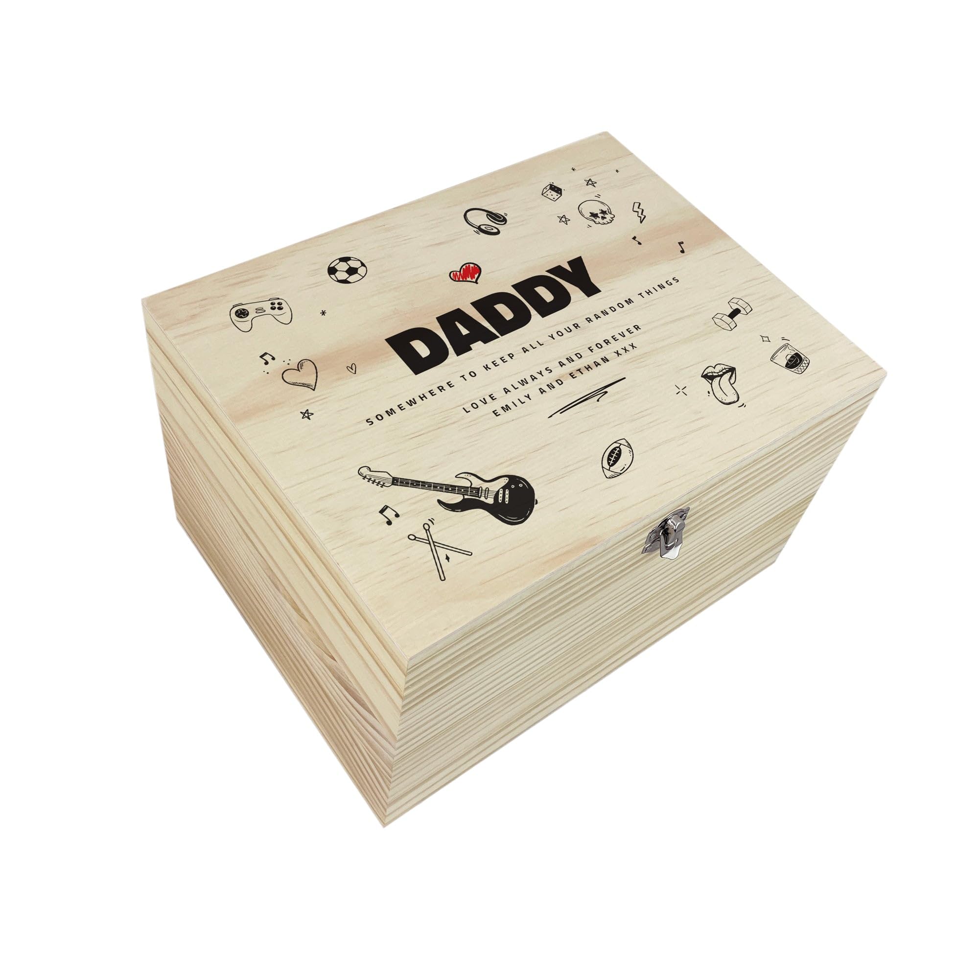 Caja de recuerdos personalizada de madera de pino con diseño de garabatos del día del padre, regalo del día del padre, caja de recuerdo de madera personalizada, añade tu propio texto, bisagras y