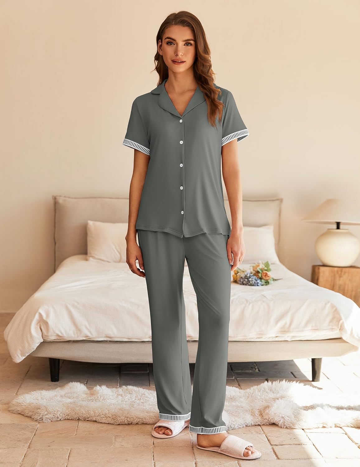 Ekouaer Womens Pajama Sets Short Sleeve Button Up Pjs, Chic Contrast Trim, Long Pants with Pockets,Soft Loungewear Set S-XXL - Image 7
