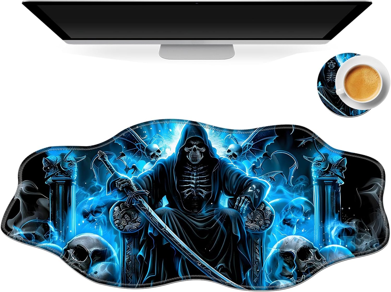 Large Gaming Mouse Pad with Coaster, Edge Stitching Keyboard Blue Fire Skull Ghost Rider Mouse Mat for Desk, 35.4" x 15.75" Household Extended Desk Pad for Desktop, Non-Slip Rubber Base