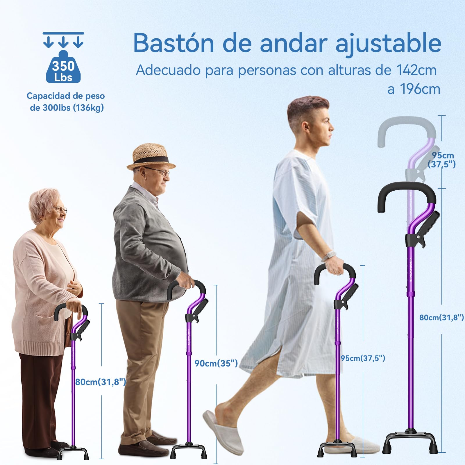KingPavonini Bastones de Marcha para Mujeres/Hombres con Segundo Asa, Bastones Plegables y Ajustables con Base de 4 Puntas, Bastones Cuadruples para Estabilidad, De Pie, Equilibrio