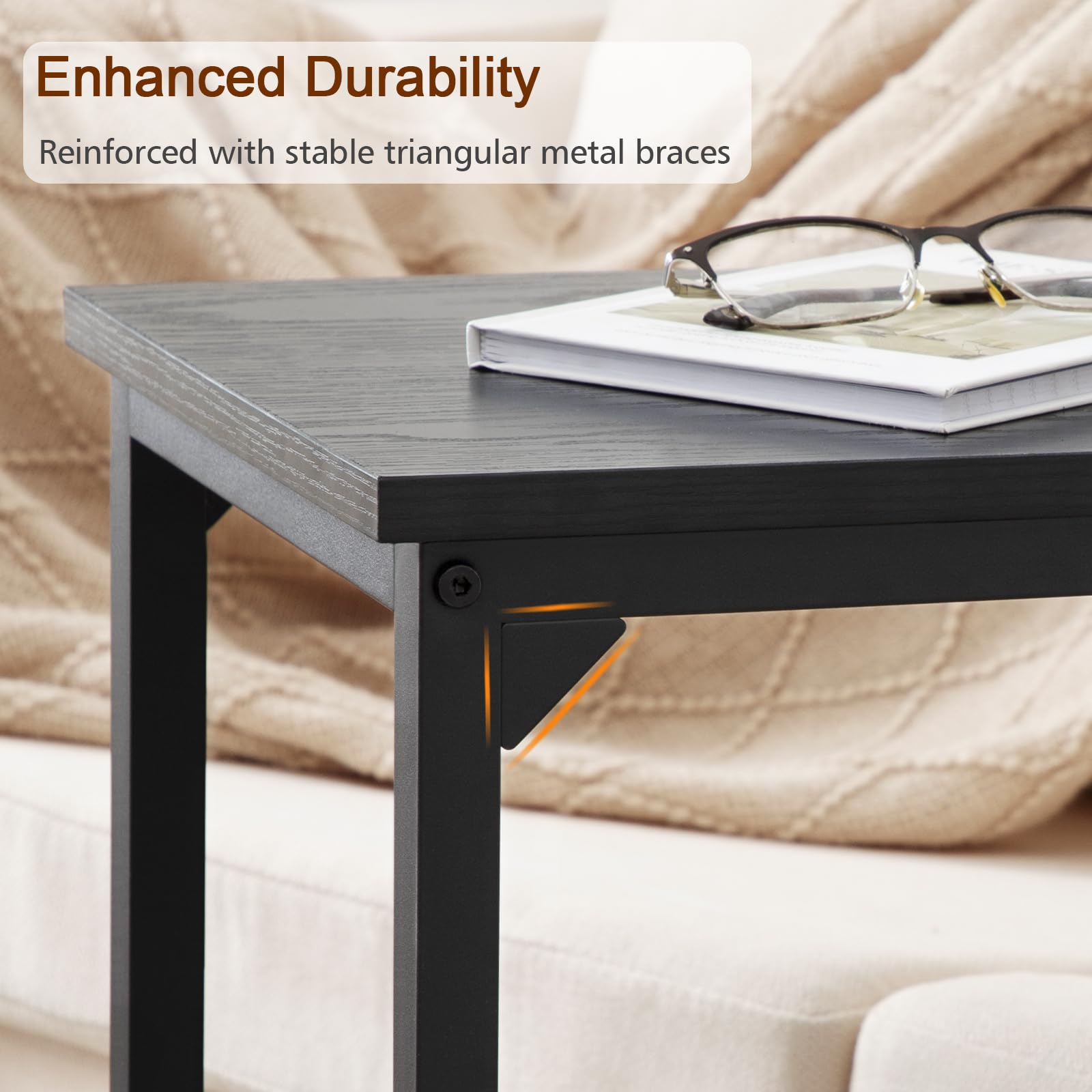 AMHANCIBLE Beistelltisch 2er Set, Couchtisch C Form, Wohnzimmertisch mit Metallgestell, mobiler Kaffeetisch, Sofatisch für Kaffee und Laptop, Beistelltisch Couch für Schlafzimmer, Wohnzimmer, Schwarz
