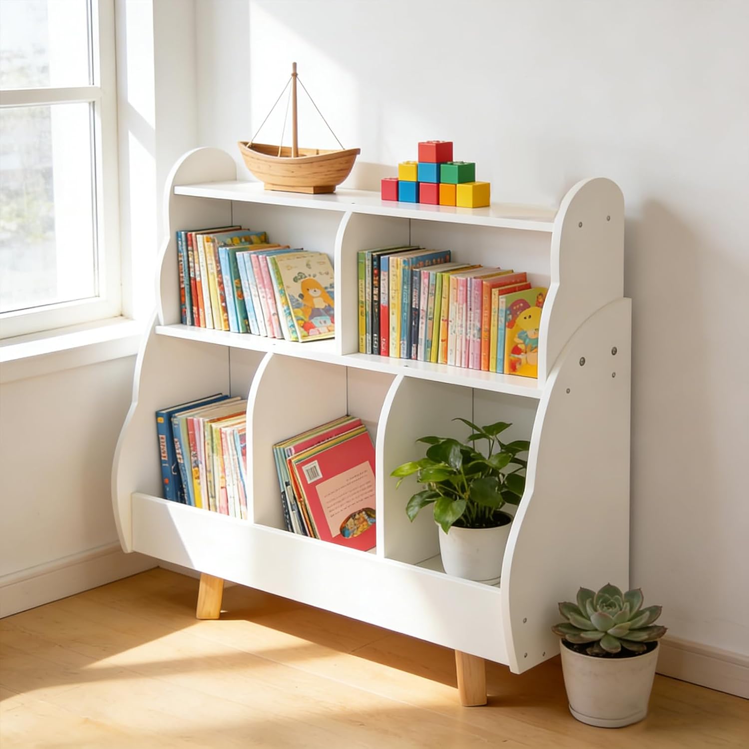 Kids Bookshelf Wooden Kids Bookcase with 3 Tier Storage and 5 Open Boxes Wave Design Engineered Wood with Solid Wood Legs for Nursery Playroom Living Room (TY3026)