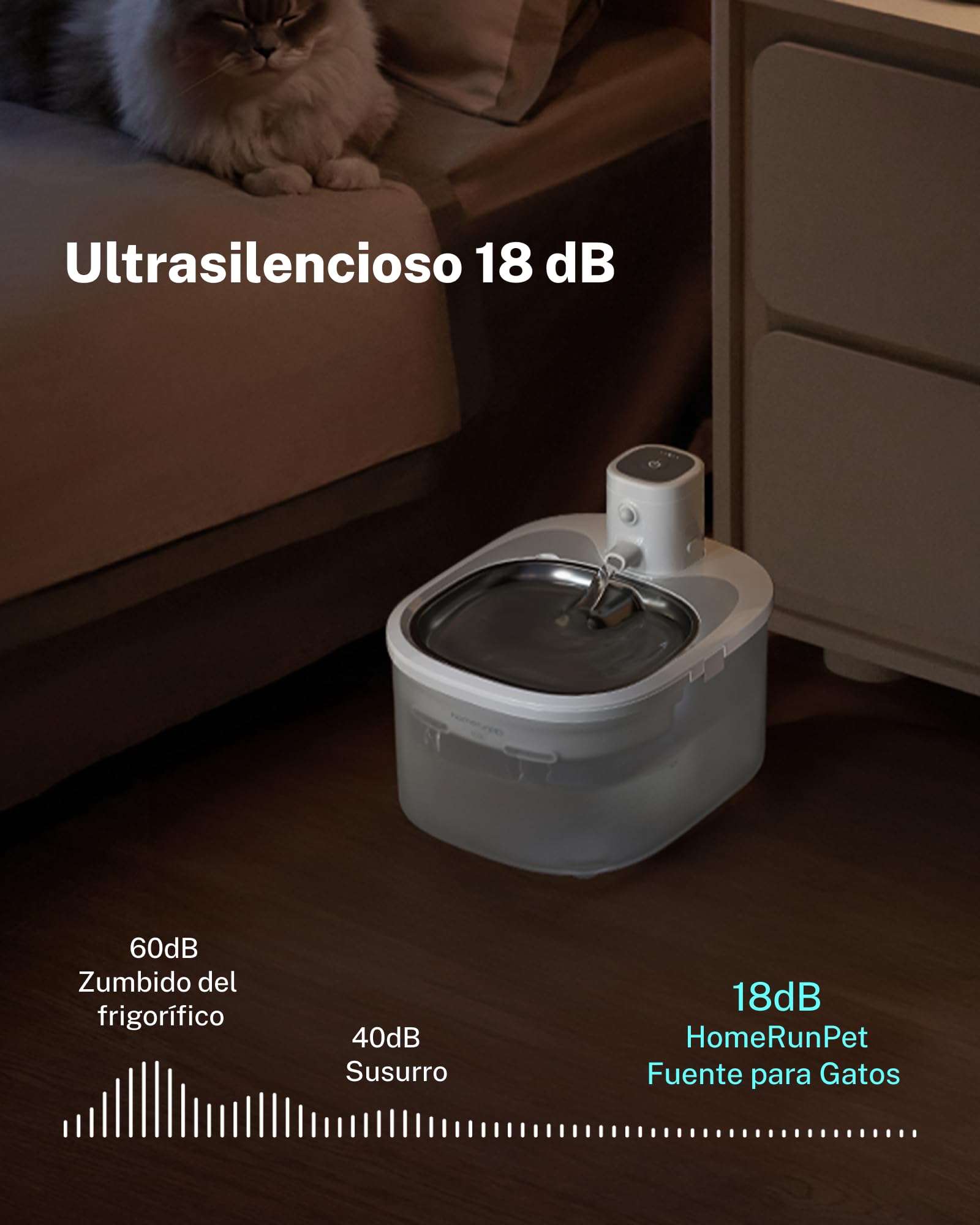 Homerunpet Fuente de Agua inalámbrica para Mascotas, Bandeja de Agua de Acero Inoxidable, Funciona con batería, dispensador automático portátil para Gatos y Perros, Seguro para lavavajillas