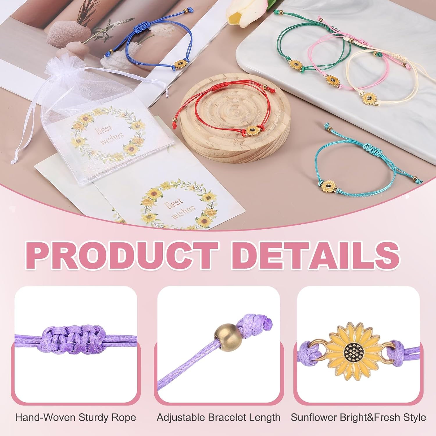 MECCANIXITY Sunflower Bracelet Bohemia Surf Friendship Bracelet Adjustable Sunflower Braided Rope String Set with Card & Mesh Bag