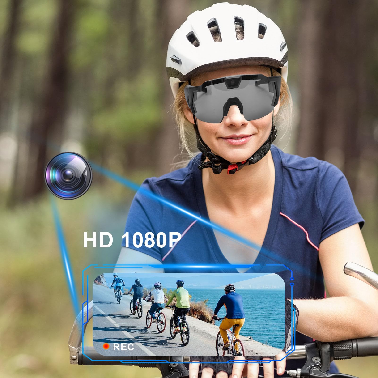 Smart-Kamera-Brille, Videobrille mit HD-1080p-Videoaufzeichnung, 120°-Weitwinkelobjektiv, WLAN, tragbare Sonnenbrille für Outdoor, Indoor, Sport, Radfahren, Wandern, Reiten