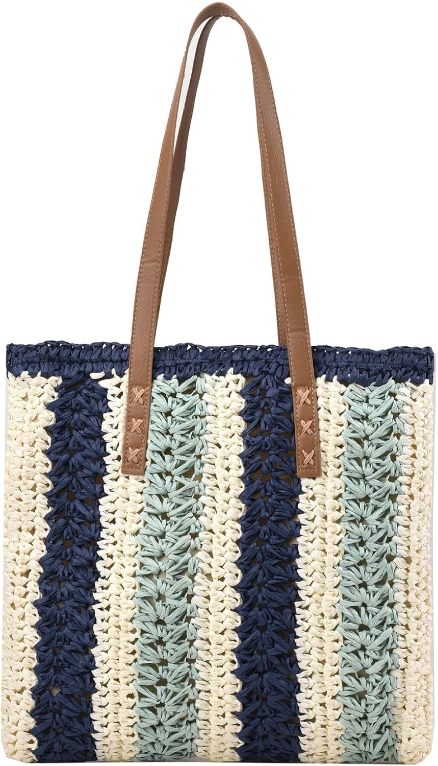 Striped Straw Tote Bags For Women, Summer Straw Purse Beach Woven Purses Vacation Large Summer Handbags Shoulder Bag
