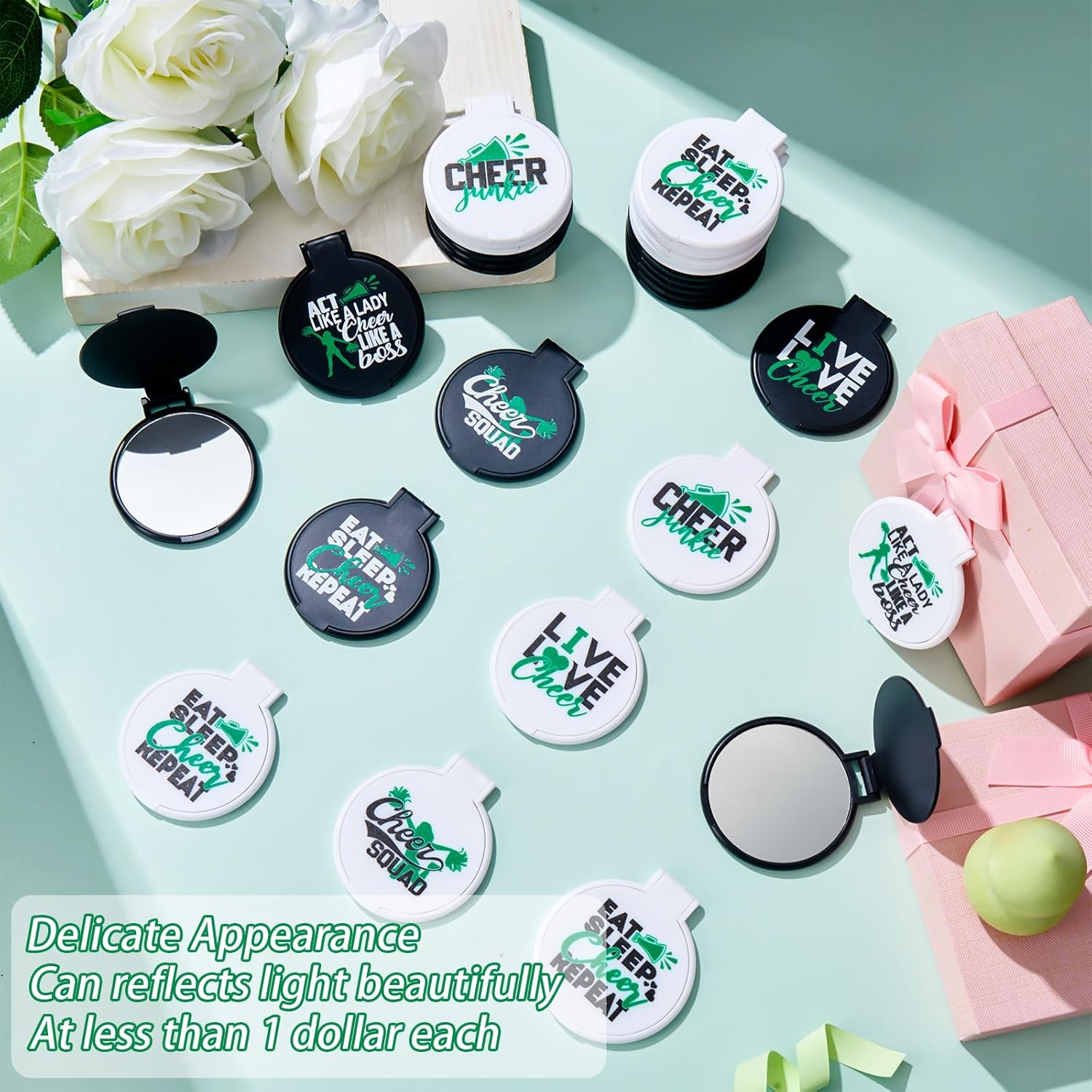 Wenqik 50 Pcs Cheerleader Mirror Gifts Bulk Cheerleading Compact Mirror Cheer Party Favors Folding Pocket Portable Makeup Mirrors for Football Rugby Game Team Friendship Gift(Green Cheer)