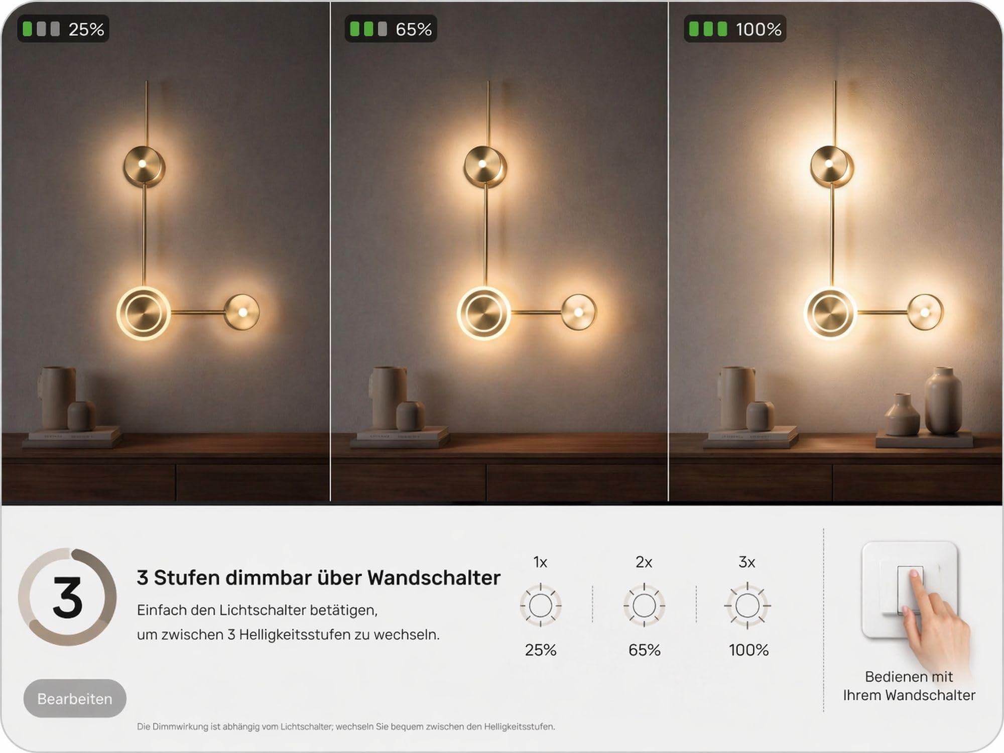 Lampada da parete a LED in alluminio dorato per soggiorno camera da letto sala da pranzo e corridoio H: 44 cm 3000 K bianco caldo dimmerabile elegante antiabbagliante applique a luce indiretta MORSAU