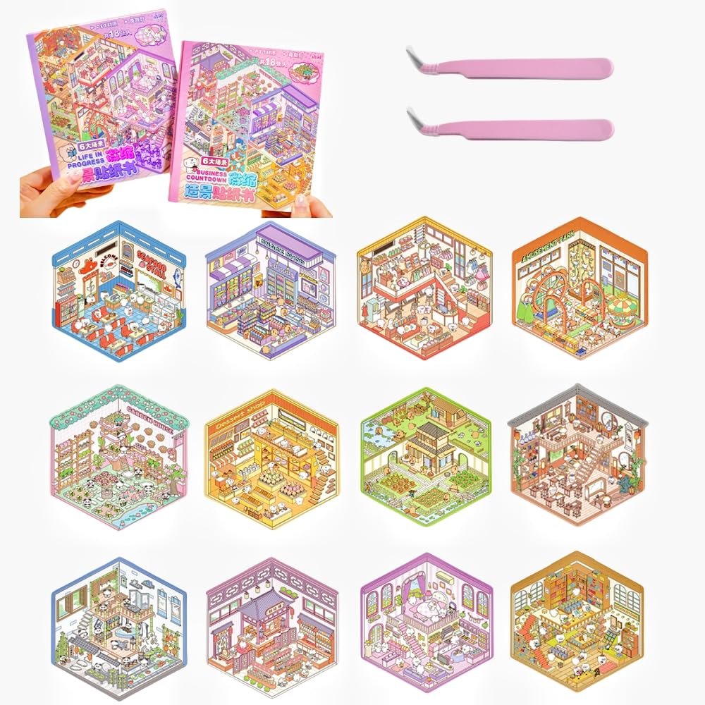 12 Sets DIY Stickers Scene,3D House Stickers Book Set for Adults with Tweezers Make Your Own Room Sticker Scene Therapy for Adults Girls Relief Stress Pass The Time Favors Gift Countdown/Going On