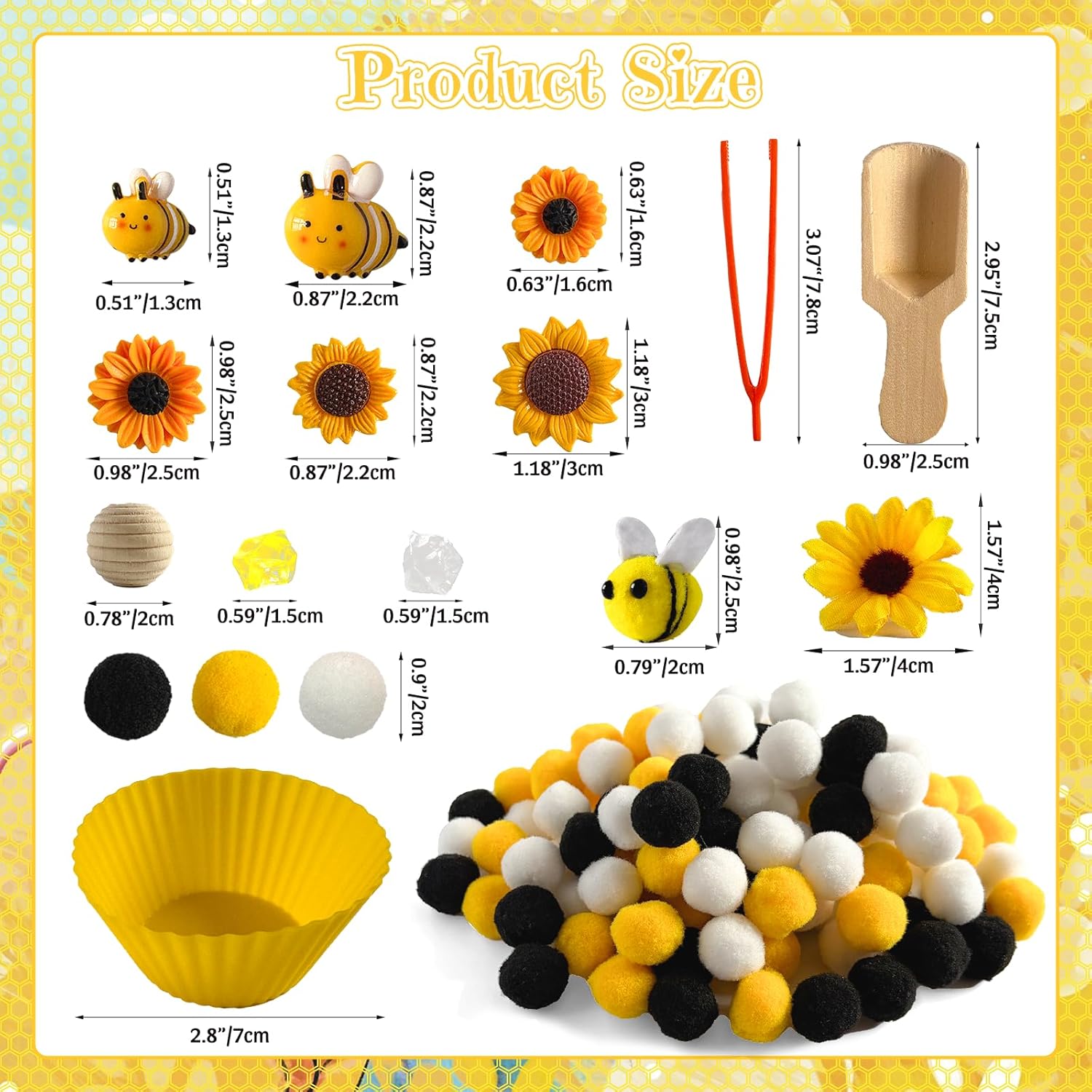 196 Pcs Sensory Bin Filler, Fine Motor Toys Bee Themed Sensory Bin Items Counting Sorting Toy Colorful Pom Poms Cup Bee Honeycomb Wooden Scoop for Preschool Education Activities