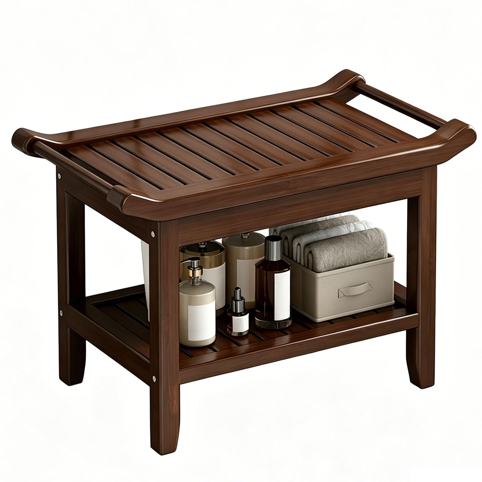 Walnut Generic 60Cm 2-Tier Slatted Bamboo Shower Bench With Storage Shelf &