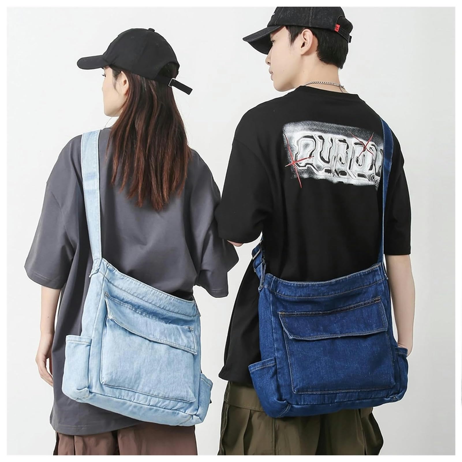 Borsa Donna Tracolla Borsa A Tracolla A Spalla Blu Lavata in Denim - Borsa A Traversa di Grande capacità per La Scuola E L'uso Quotidiano-Dark Blue-33x11x33cm