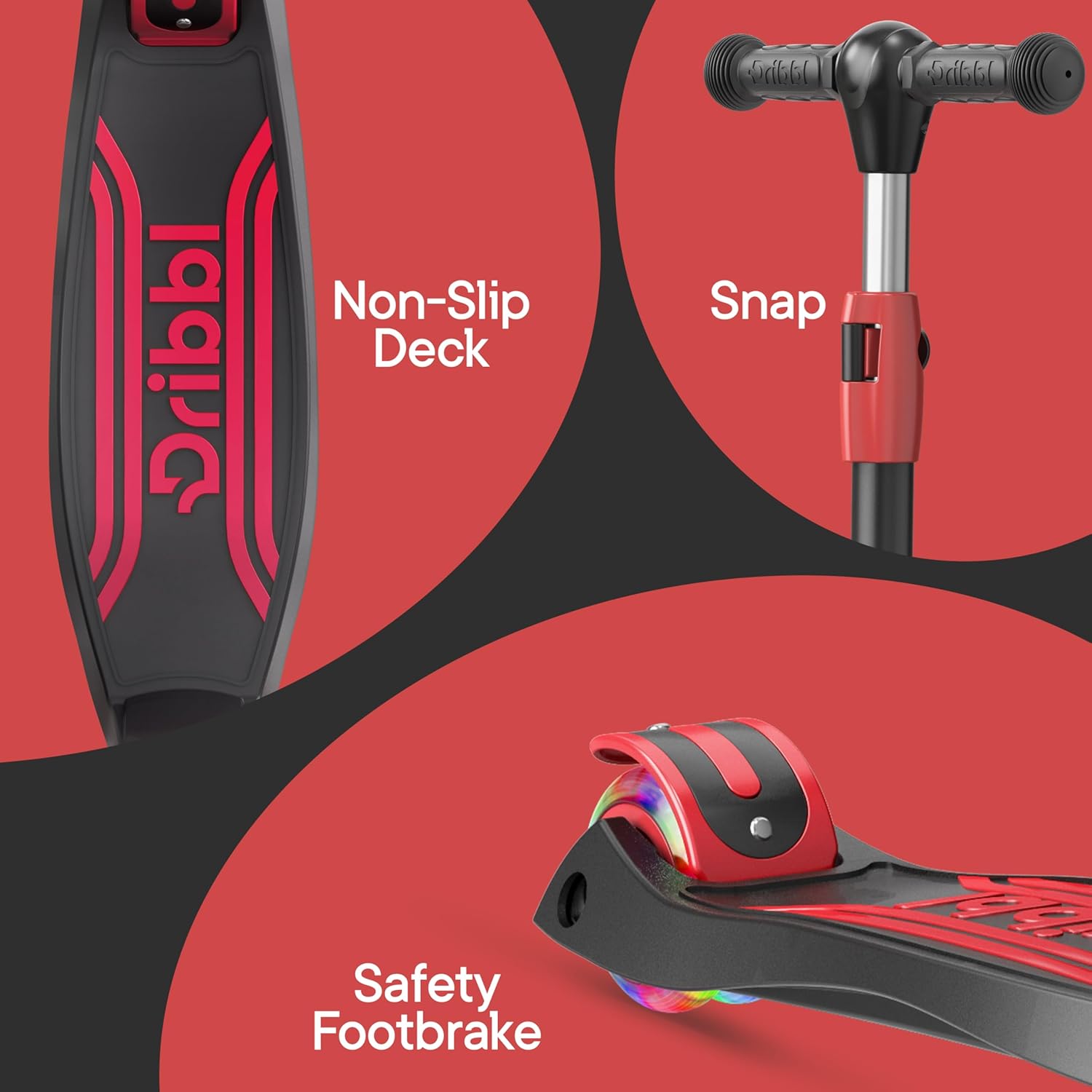 Dribbl 3-Wheel Kids Scooter - Lean-to-Steer Technology, Adjustable Height Handlebar, Anti-Slip Deck, Scooter for Boys & Girls Ages 3+, Child Safety Approved, Support Rider Up To 165 lbs, Black and Red Black & Red