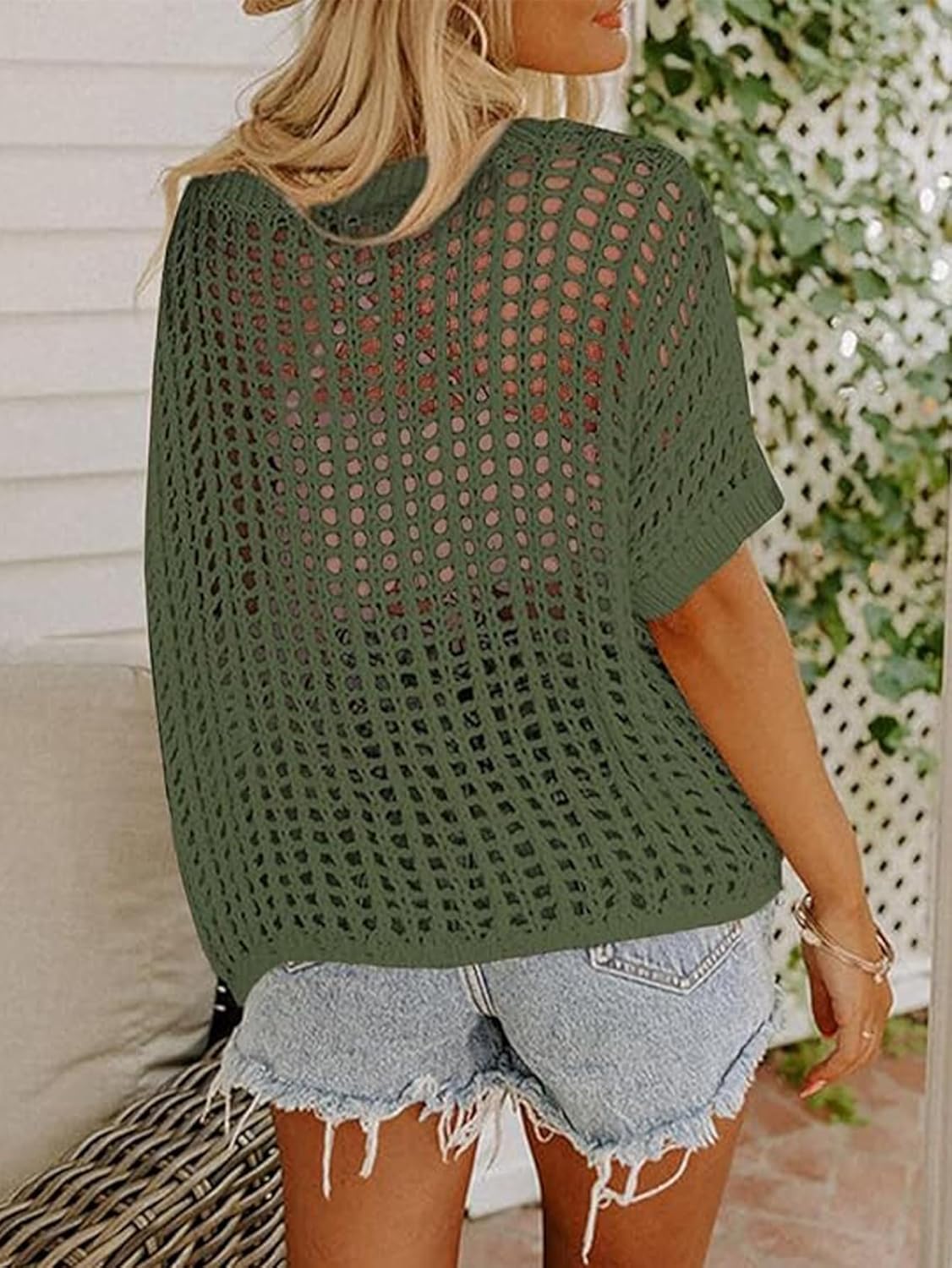 Chvity Women's Summer Crew Neck Short Sleeve Sweater Casual Off Shoulder Tops Hollow Out Crochet Coverups Pullover Knit Tops - Image 2