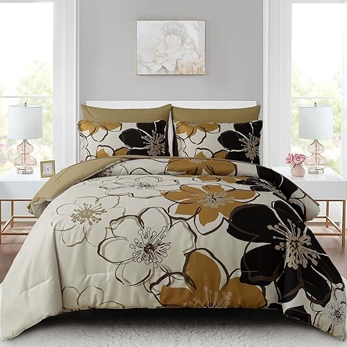 Anibedding Juego de edredón floral de 7 piezas, tamaño Queen, juego de ropa de cama de flores marrones y negras, juego de cama botánica en una