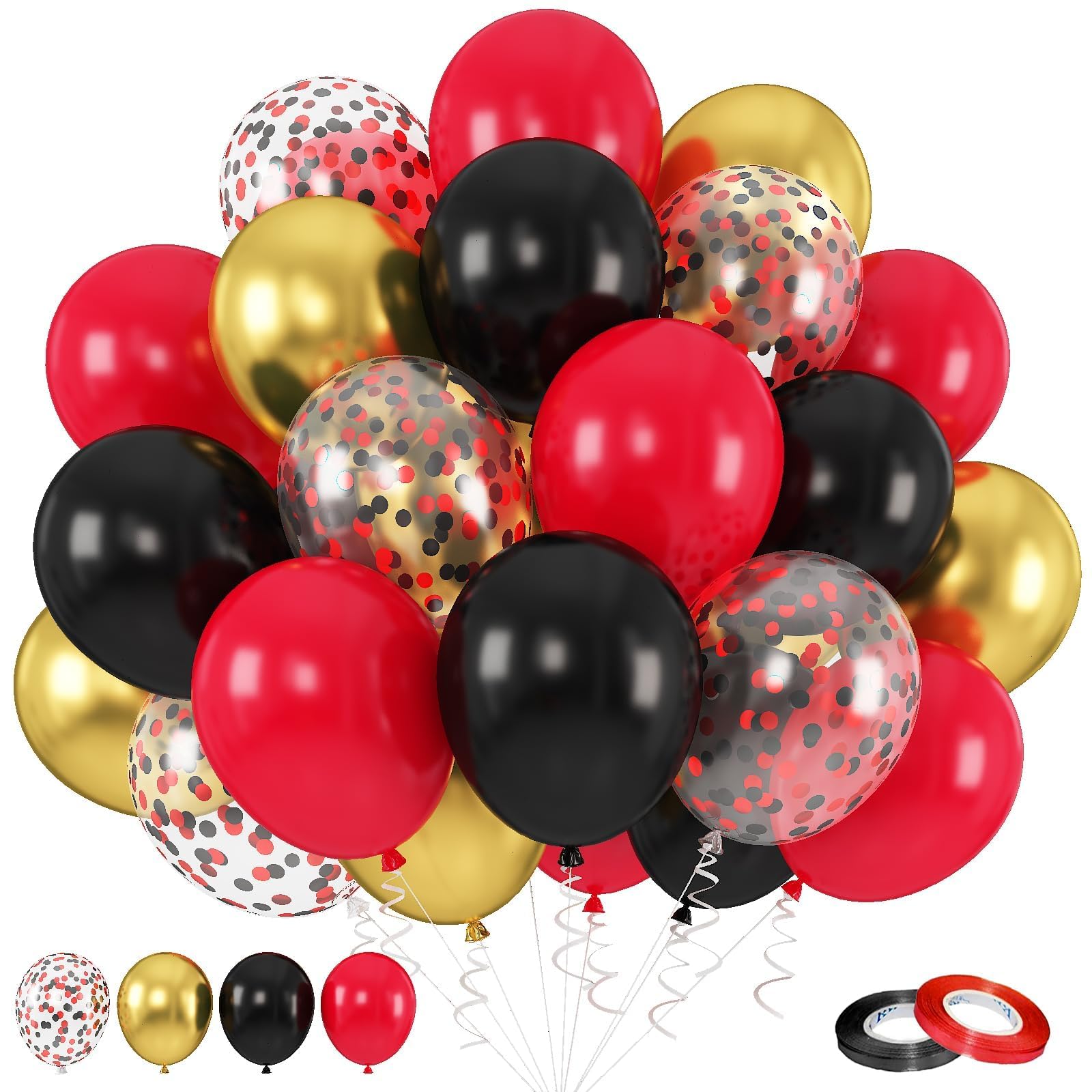 Rote und schwarze Luftballons, 60 Stück 30,5 cm schwarz rot Ballon-Set mit metallischem Chrom Gold Rot Schwarz Konfetti Ballon Latex Helium Party Ballons für Abschlussfeier Geburtstag Hochzeit