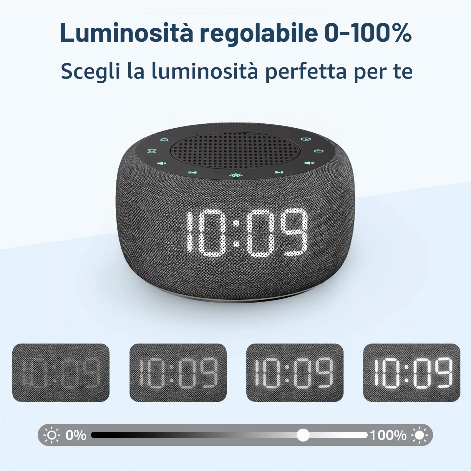 Buffbee Radiosveglia digitale per camera da letto – Luce notturna a 7 colori, qualità del suono ad alta fedeltà con altoparlante rivolto verso l'alto, 4 suoni, display Full Range Dimmer per comodino