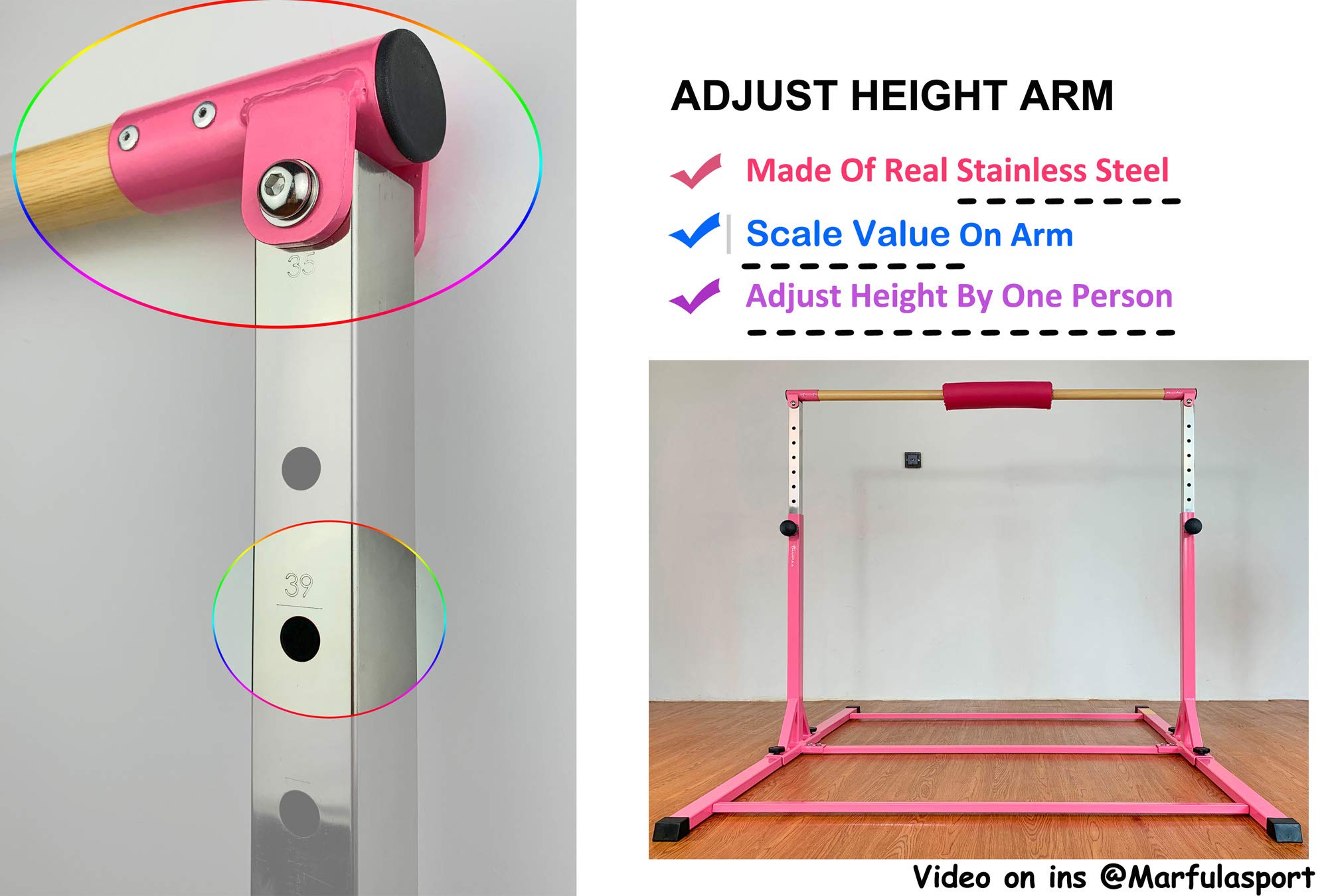 MARFULA Adjustable Gymnastics Bar Kip Bar with Fiberglass Rail & 304 Stainless Steel Arms for