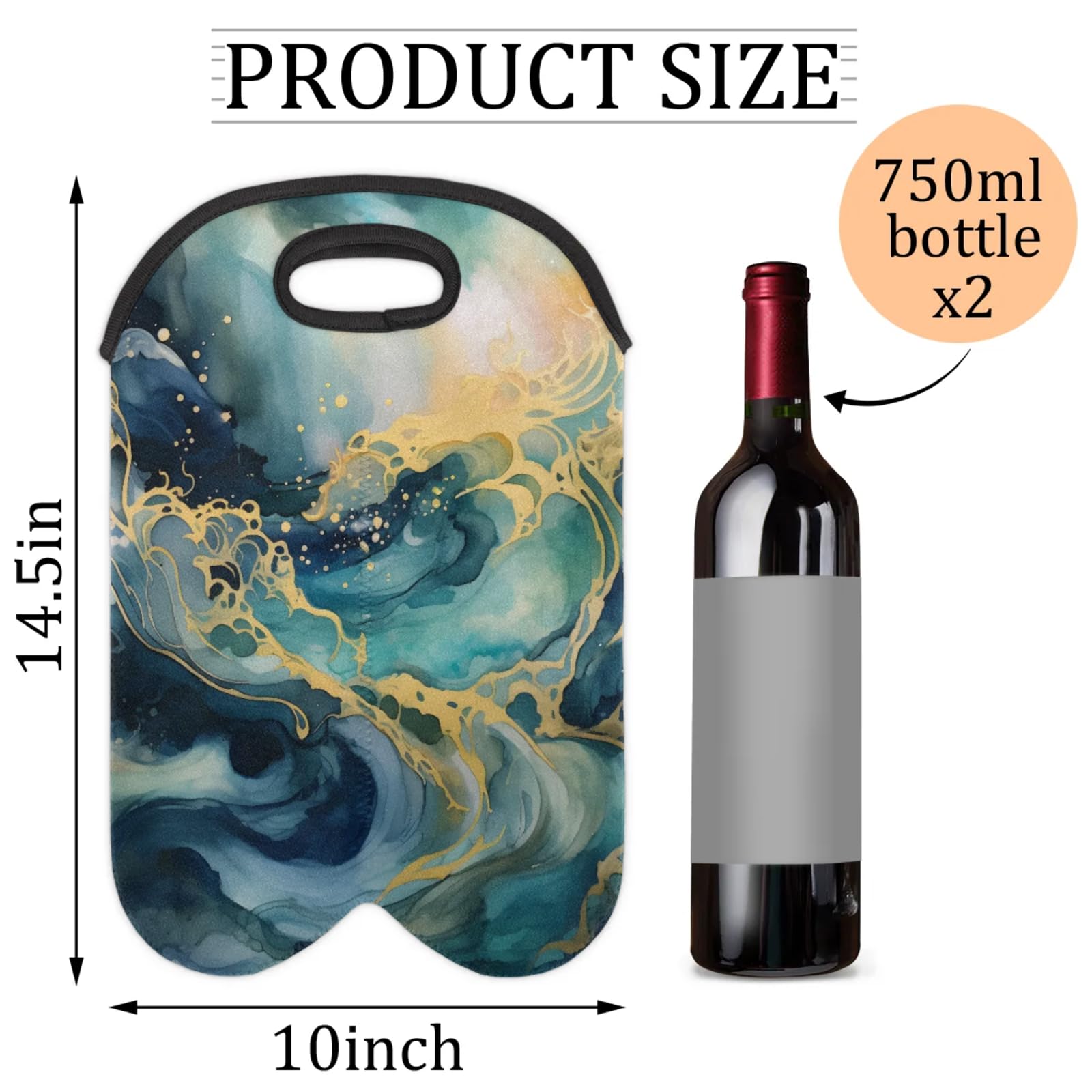 GzLeyigou 2 Bottles Abstract Wine Bag Sleeve Totes Marble Ink Paint Neoprene Protective Wine Carrier Bag for Wine,Water, Champagne, Beer, Baby Bottles,Gift 14.5 x 10 Inches