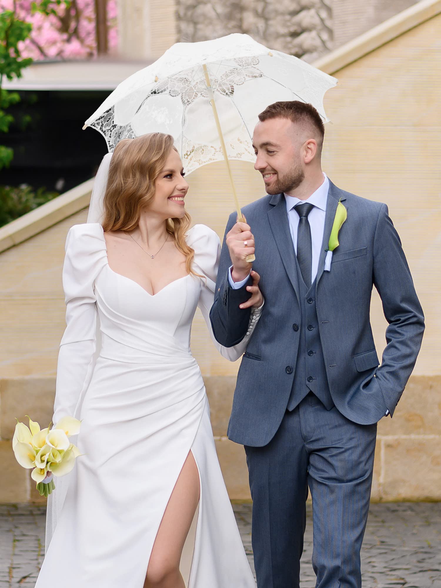 6 Pcs Lace Parasol Umbrella Wedding Lace Parasol Umbrella Vintage Lace Umbrella with Handle for Bridesmaid, Flower Girl