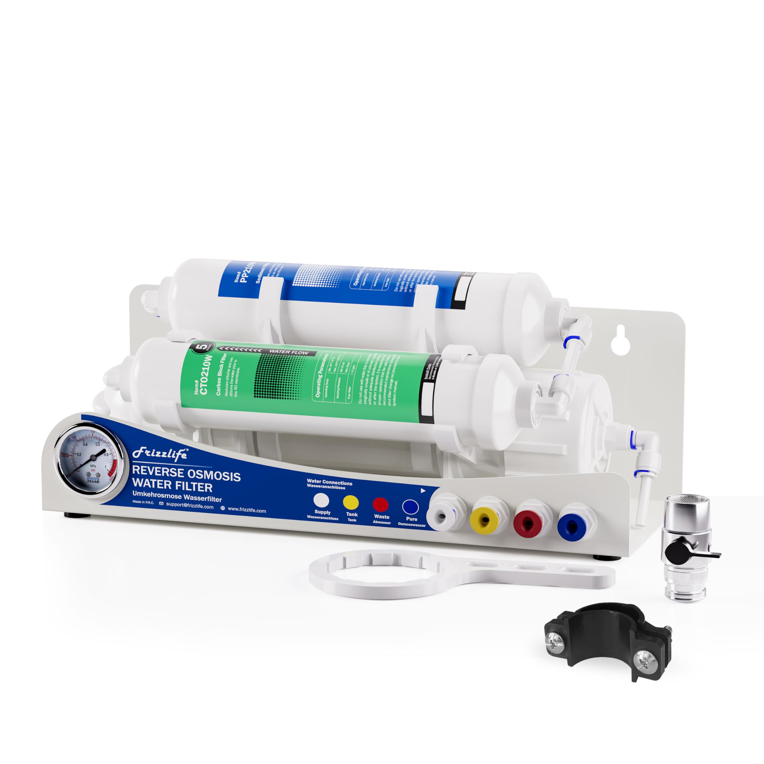 Frizzlife BFRO100 Aquarium Reverse Osmosis System, 3-stage Countertop RO Drinking Water Filter System with Pressure Gauge, Compact, 100 GPD
