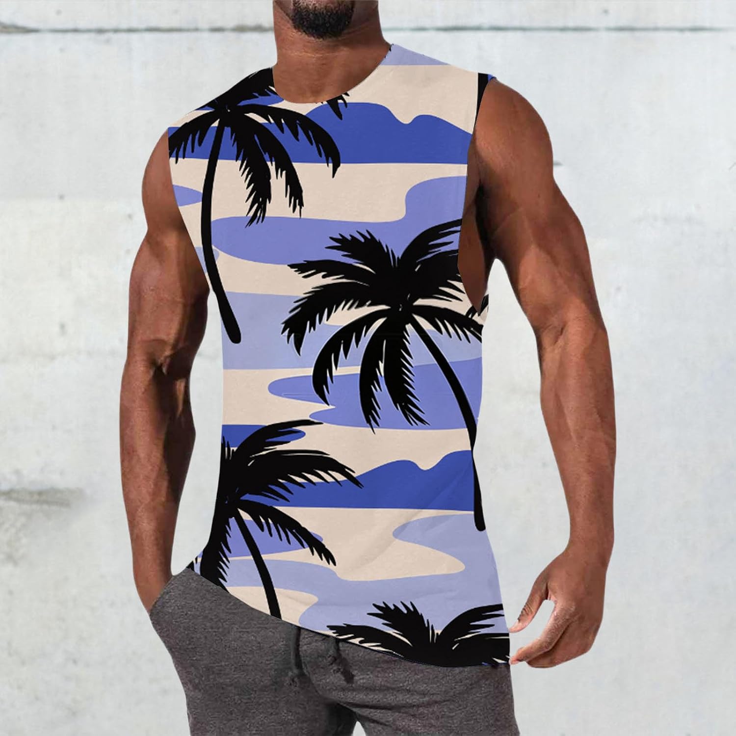 Mens Palm Tree Print Sleeveless Shirt Vacation Shirt Casual Summer Tank Tops Crew Neck Sleeveless Men Beach Clothing