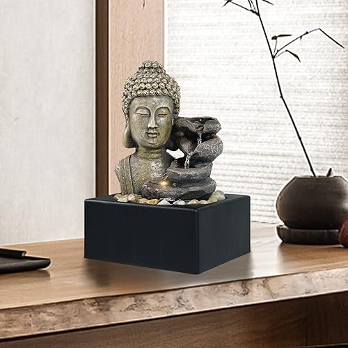 Miniatura 5 de Ferrisland Fuente de cascada de mesa para interiores, fuentes de agua de Buda de 4 niveles, cascada de mesa de meditación zen con luz LED cálida