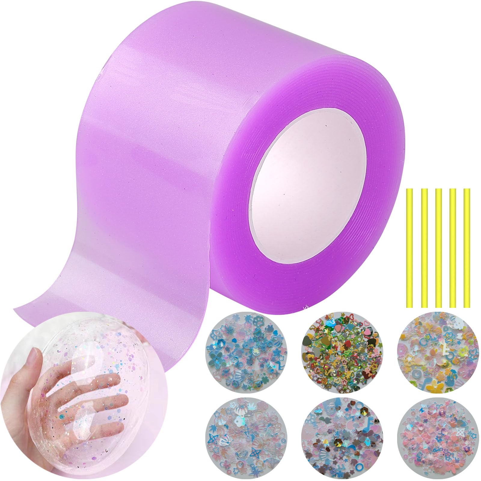 Nano Bubble Tape Kit, a Roll Purple (9.9ft×1.97inch) Nano Tapes with 5pcs Straw and 6 Pack Sequin, Double Sided Super Elastic Tape Plastic Bubble Balloons for Girls Boys, DIY Party Favors