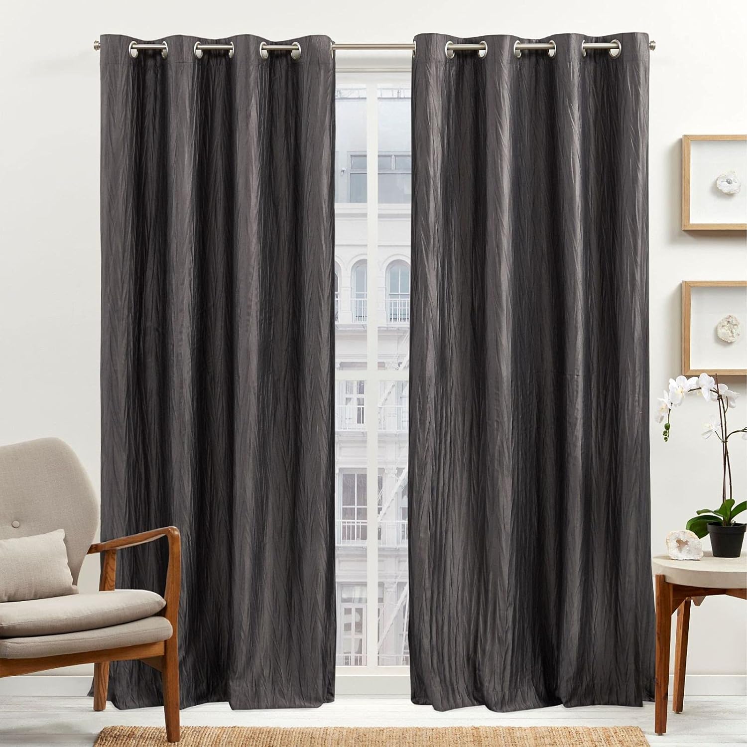 EXCLUSIVE HOME Leia Room Darkening Blackout Grommet Top Curtain Panels, 50"x84", Charcoal, Set of 2