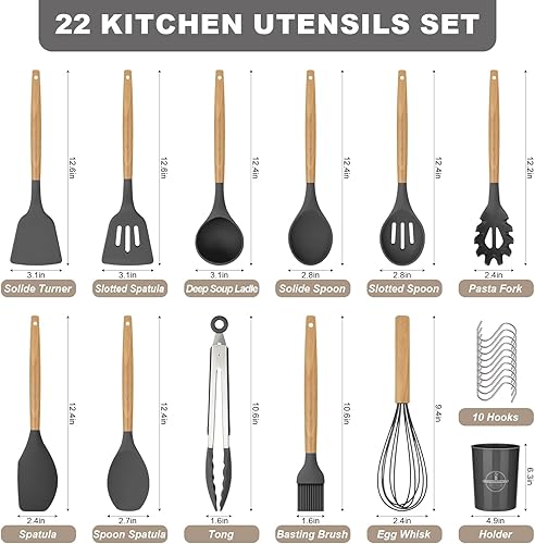 Miniatura 3 de Juego de utensilios de cocina, 12 piezas de utensilios de cocina de silicona con mango de madera, resistentes al calor, pinzas antiadherentes,