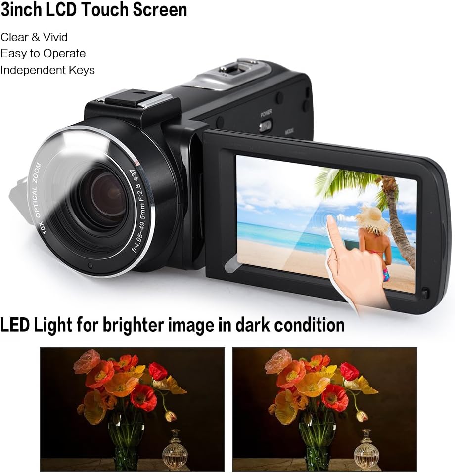 Andoer HDV-Z82 camcorder with its 3-inch LCD touchscreen open and examples of LED light usage.