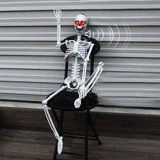 Halloween Hanging Posable Skeleton - 3FT Prop Skull with LED Glowing Eyes and Creepy Shrilling Sound - Sound Activated Outdoor Halloween Decorations Skeleton Decoration