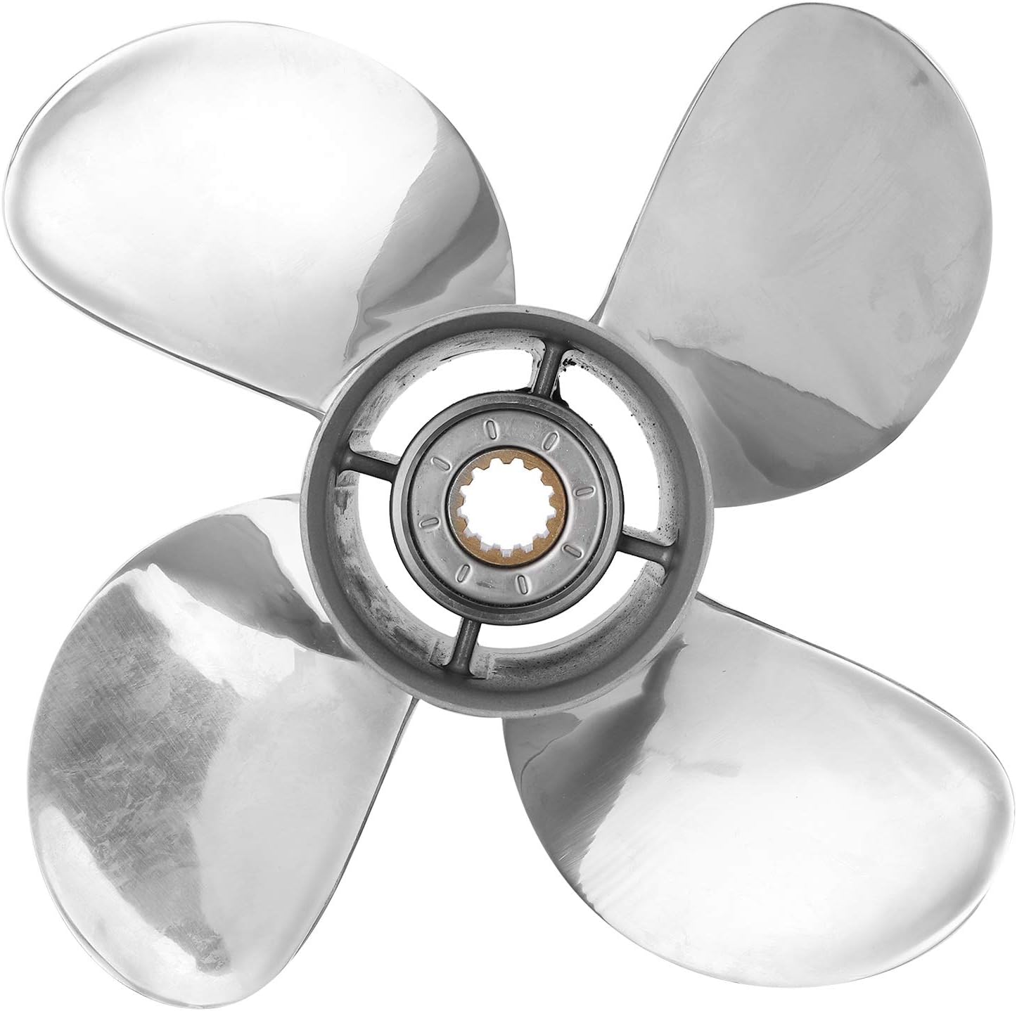 Outboard Propeller, 4 Blades Stainless Steel 11 5/8x12 RH Outboard Moto Propeller with 13 Spline Teeth, Polished Surface Turning Point Propellers Replacement Fit for Yamaha 25‑60HP