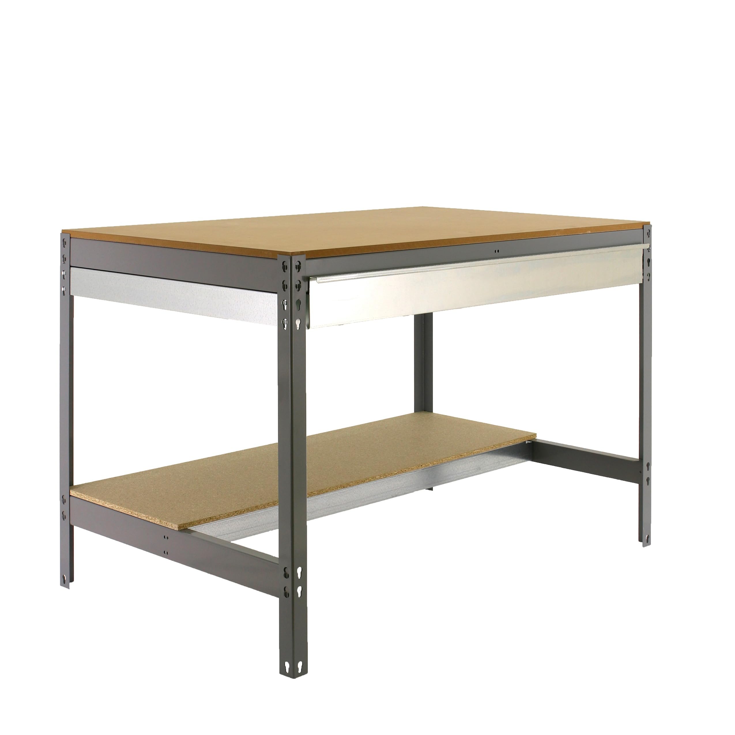 Simon Rack Mesa de Trabajo Taller con cajón 1510x760 mm - BT0 | Capacidad Carga 600 kg, Tablero madera 16 mm, Pintura anticorrosión, Gris , Montaje sistema clic