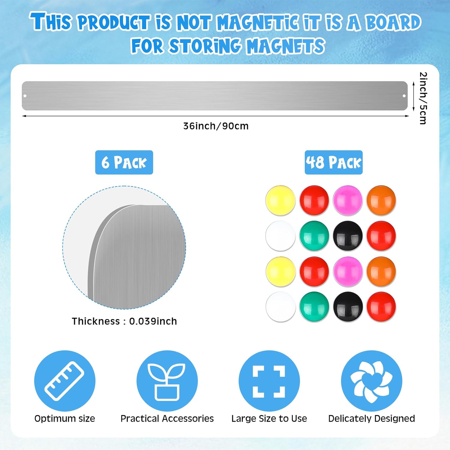 6 pieces 36 inch frameless magnetic stainless iron board strips bulletin bar magnetic wall board memo strip set with 48 pieces colorful magnets for school office home silver