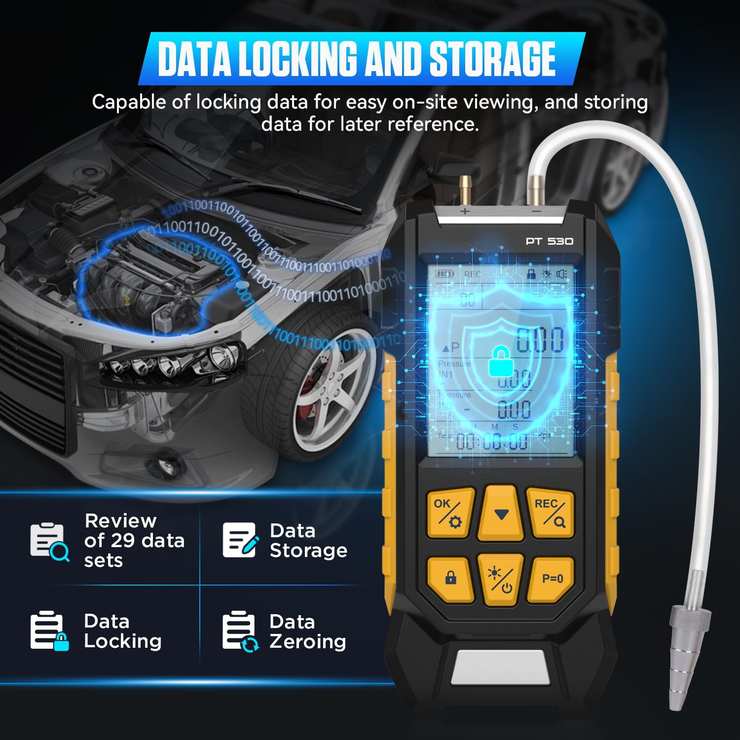 PT530 Manómetro de presión de gas, manómetro digital, manómetro digital de doble diferencial, rango de medición de -100 a 300 Kpa, 10 unidades de presión, bloqueo de datos, almacenamiento y