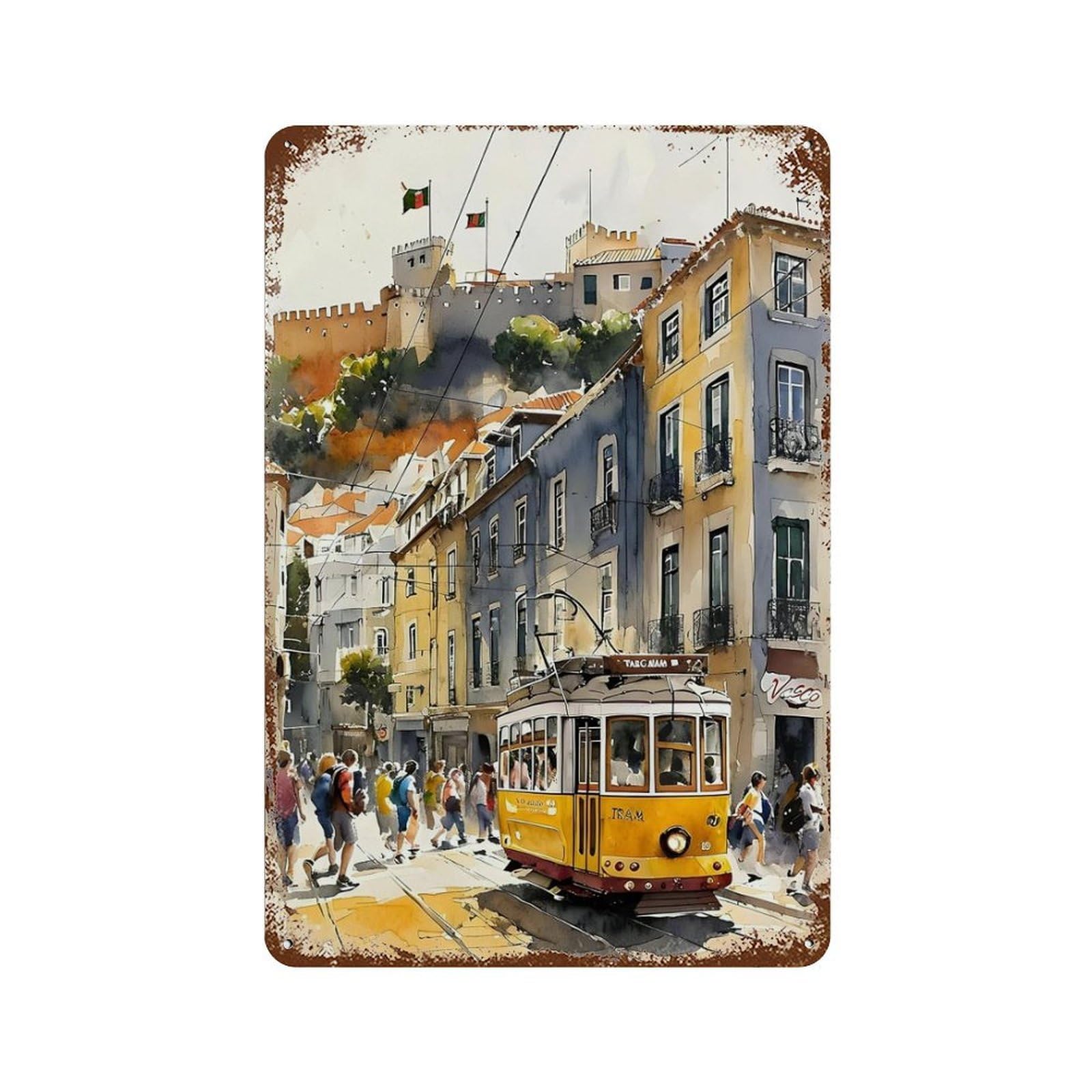 xiaoxiaoshen Vintage Landmark Lisbon Yellow Tram Wall Decor Art Metal Tin Poster Modern Home Decor Art Home Bar Shop Decorations Vintage Sign 30x20cm
