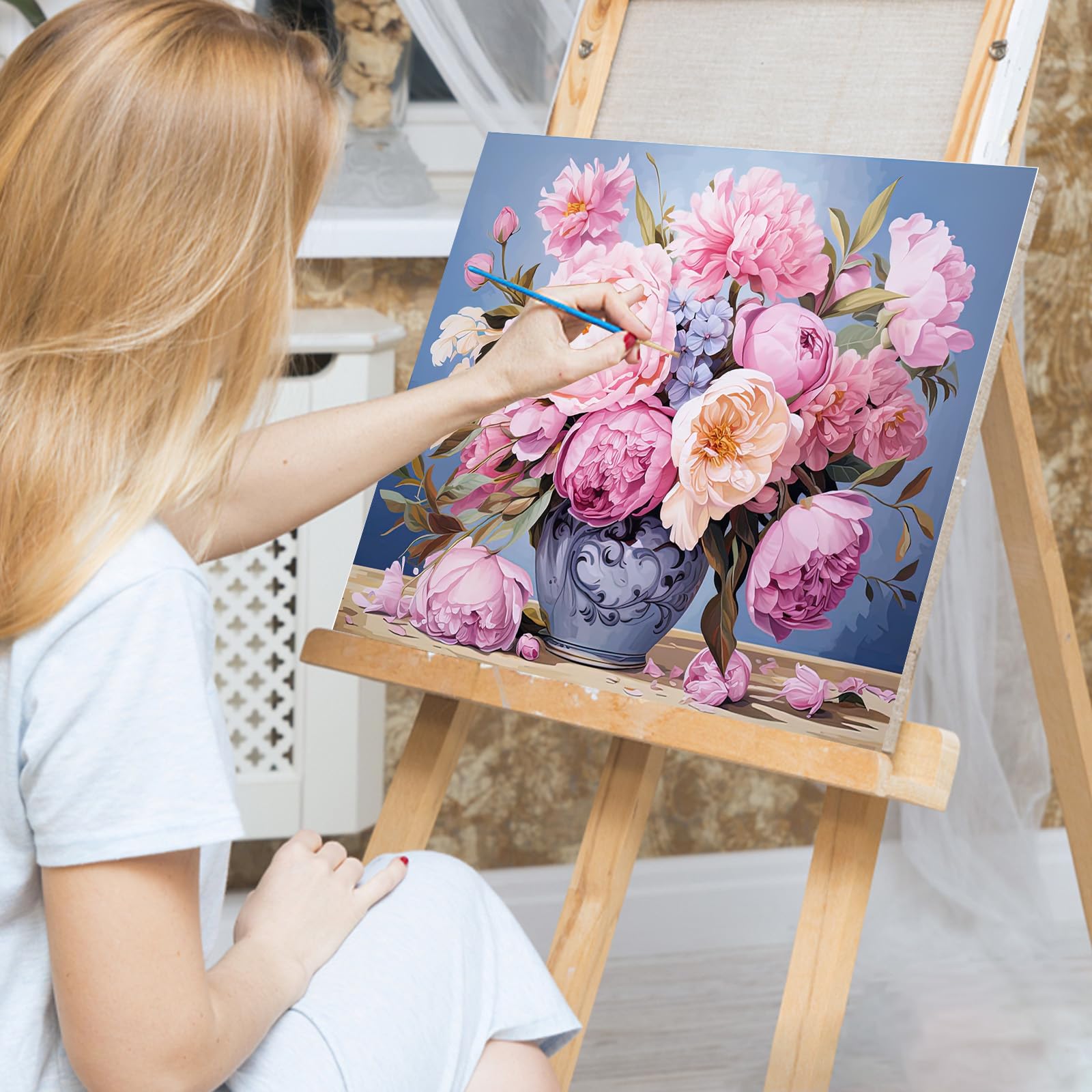 Paarse bloemen schilderen op nummer voor volwassenen