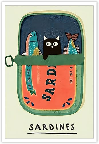 Miniatura 17 de Lienzo de sardinas divertidas para pared, póster vintage de lata de sardina, comida retro, peces, vida marina, estética, acuarela, pintura para el
