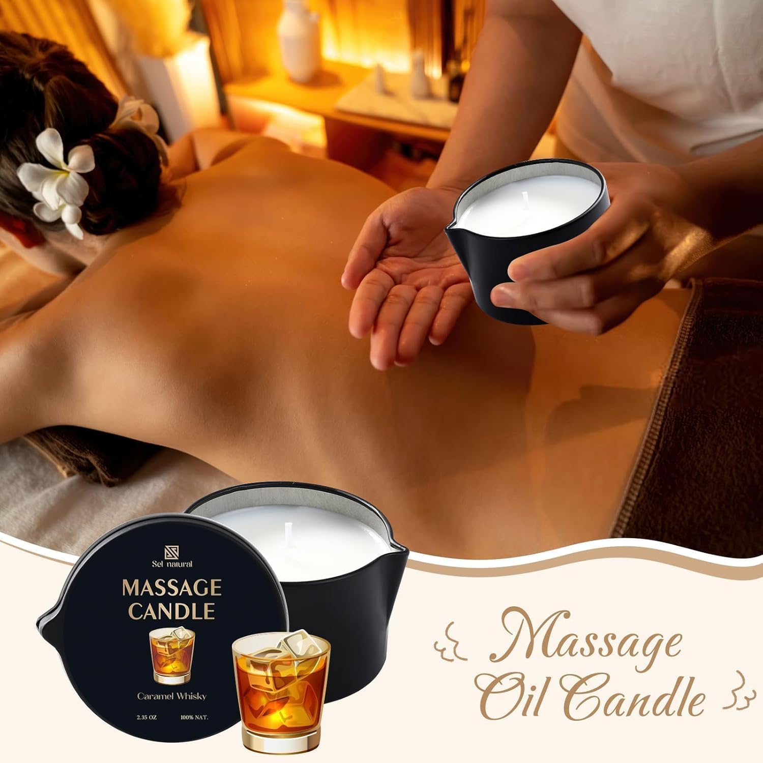 3 Pack Massage Oil Candles 2.35oz Low Temp Massage Candle Wax Spa Therapy Body Oil Valentines Gifts for Relaxation, Couples, or Self-Care (2.35 oz, Eucalyptus Mint, Cedar Sandalwood, Caramel Whisky) - Image 3