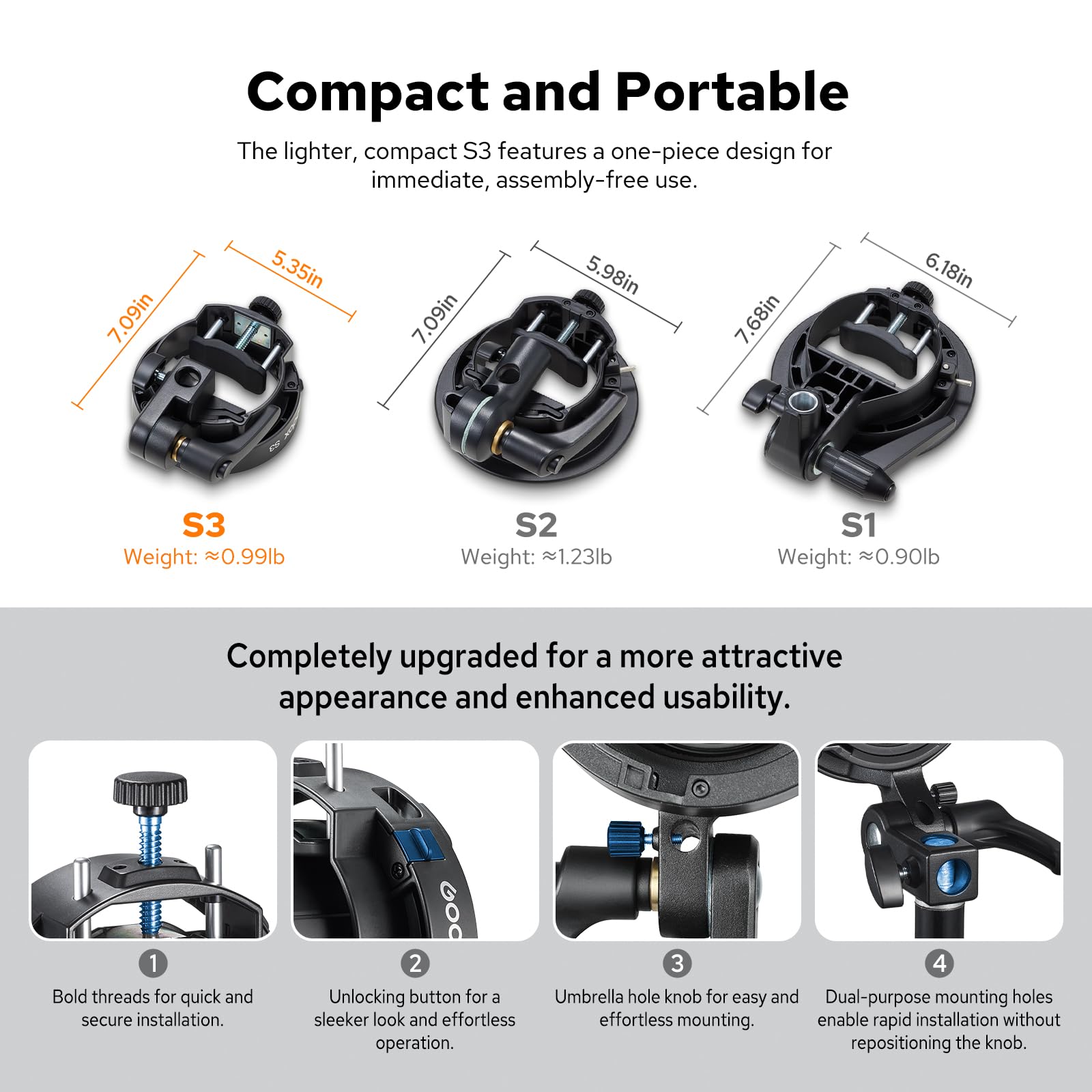 Godox S3 Support Bowens Monture, Bracket Bowens de Flash pour Godox V1, V1Pro, V480, V860III, TT685II, TT600, TT350, AD200 Pro, Support de Flash