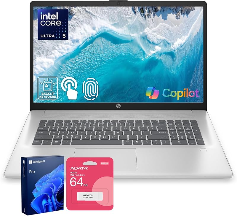 HP Business Laptop for Professionals, 17.3" 1600*900 Touchscreen, Ultra 5 225U(>i7-1355U) for Multitasking, 16GB DDR5, 512GB SSD, Webcam, Backlit, Win11 Pro, Silver, Bundle with ADATA 64GB Flash Drive