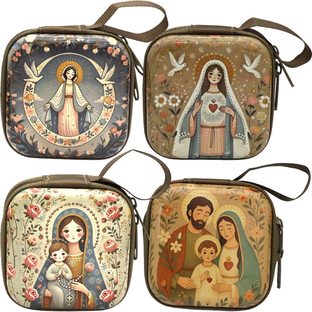 Sslvya 4 Pcs Catholic Rosary Pouch Virgin Mary Prayer Rosary Storage Bag Zippered Small Coin Purse Jewelry Storage Bag Religious Gift