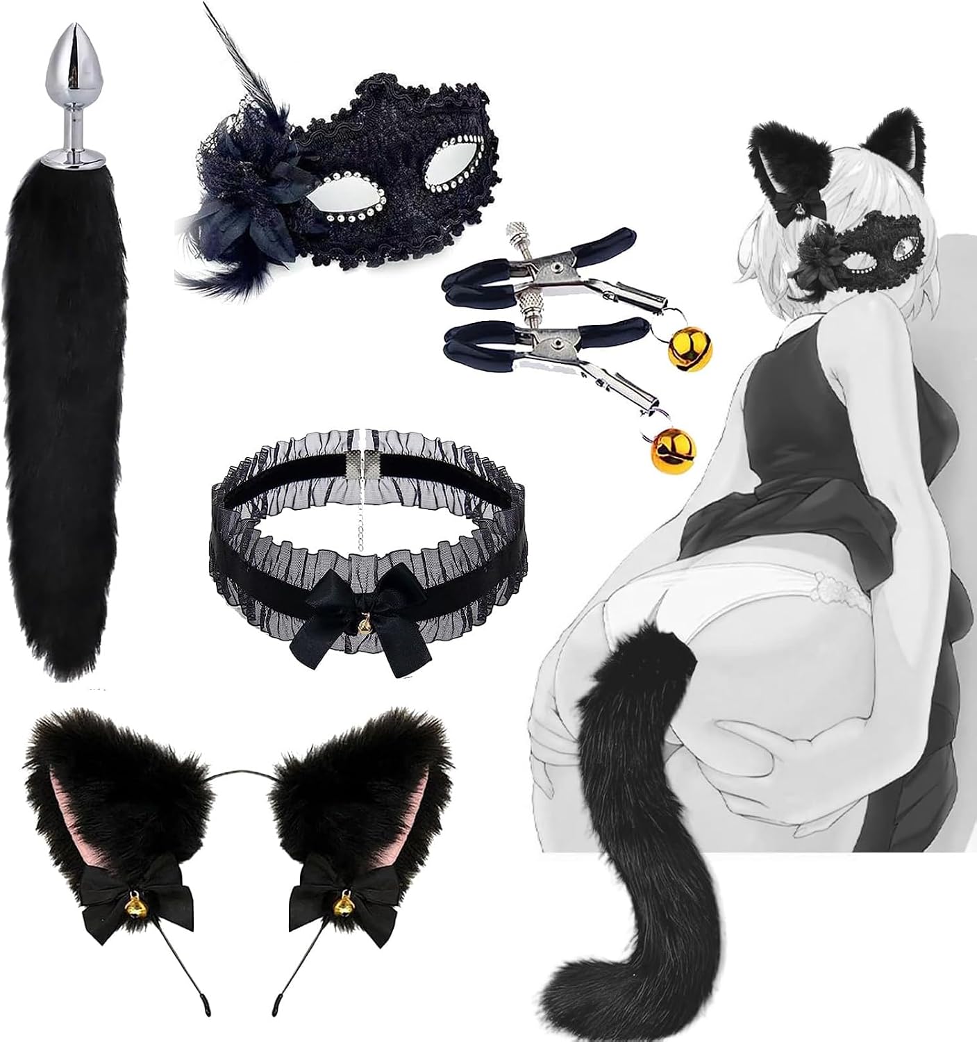 Foxtail Anal Plug Set Anal Sex Toys Butt Plugs 5 Pcs Anal Plug Sex Toys with Butt Plug Headband Cat Ear Necklace Nipple Clamps and mask Butt Trainer Set Prostate Massager Anal Training Set Adult Toys