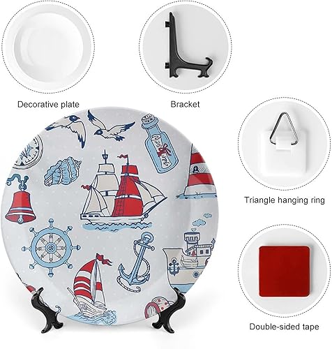 Miniatura 3 de Placa decorativa de 8 pulgadas, placa de porcelana náutica, criaturas marinas simbólicas de navegación, brújula, placa de exhibición para niños,