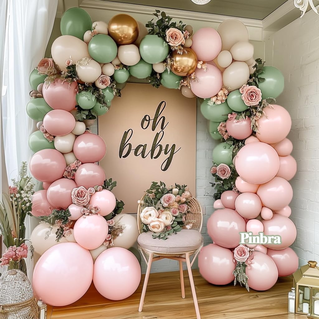 Dusty Green Pink Balloon Arch Double Stuffed Pastel Baby Pink Light Green White Cream Balloon Metallic Gold Latex Balloons for Baby in Bloom Bridal Shower Birthday Wedding Easter Party Decorations