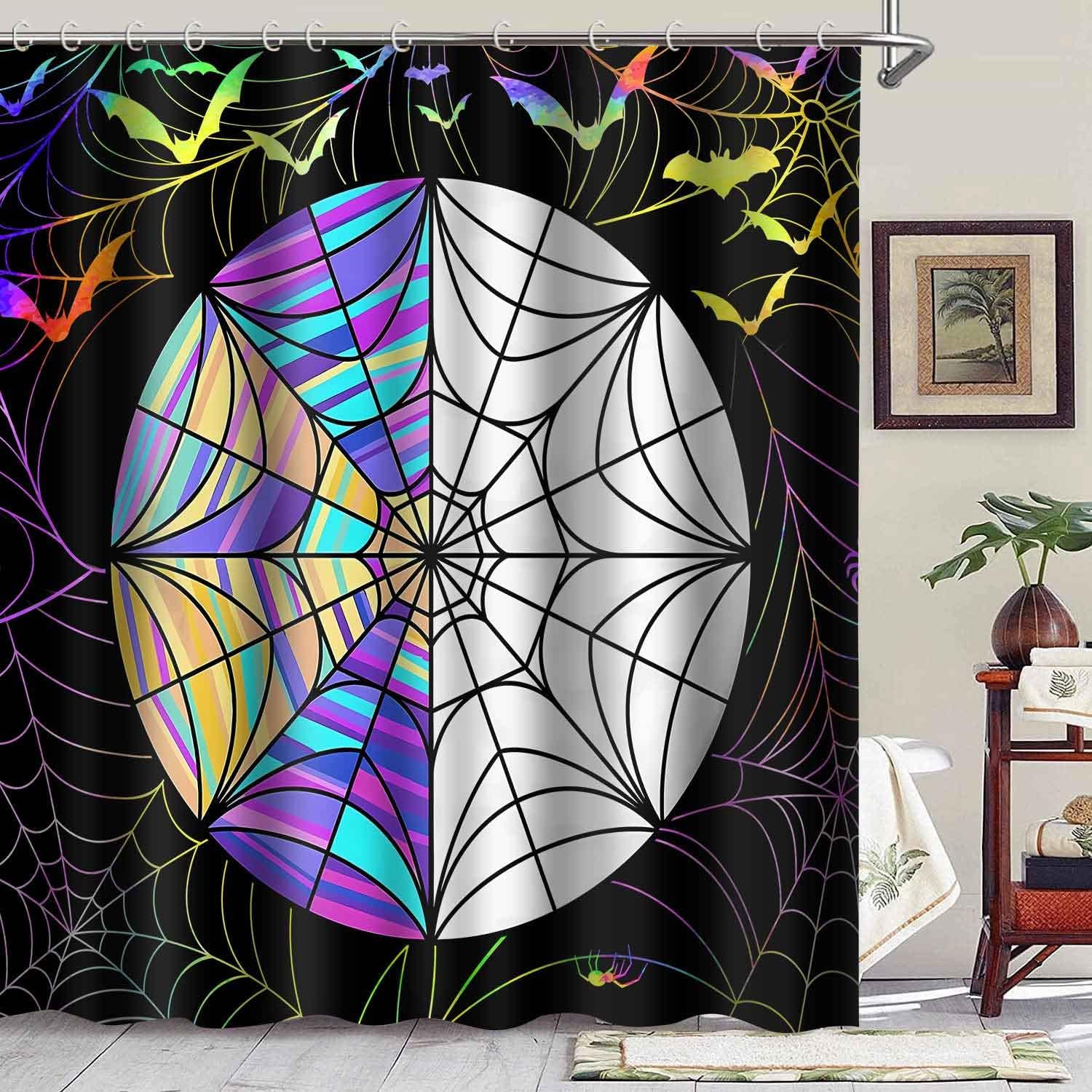 Spider Web Shower Curtains Halloween Gothic Art Stained Glazed Tile Spooky Wednesday Stained Glass Window Pattern Art Decor Set for Bathroom Black 72X72Inch